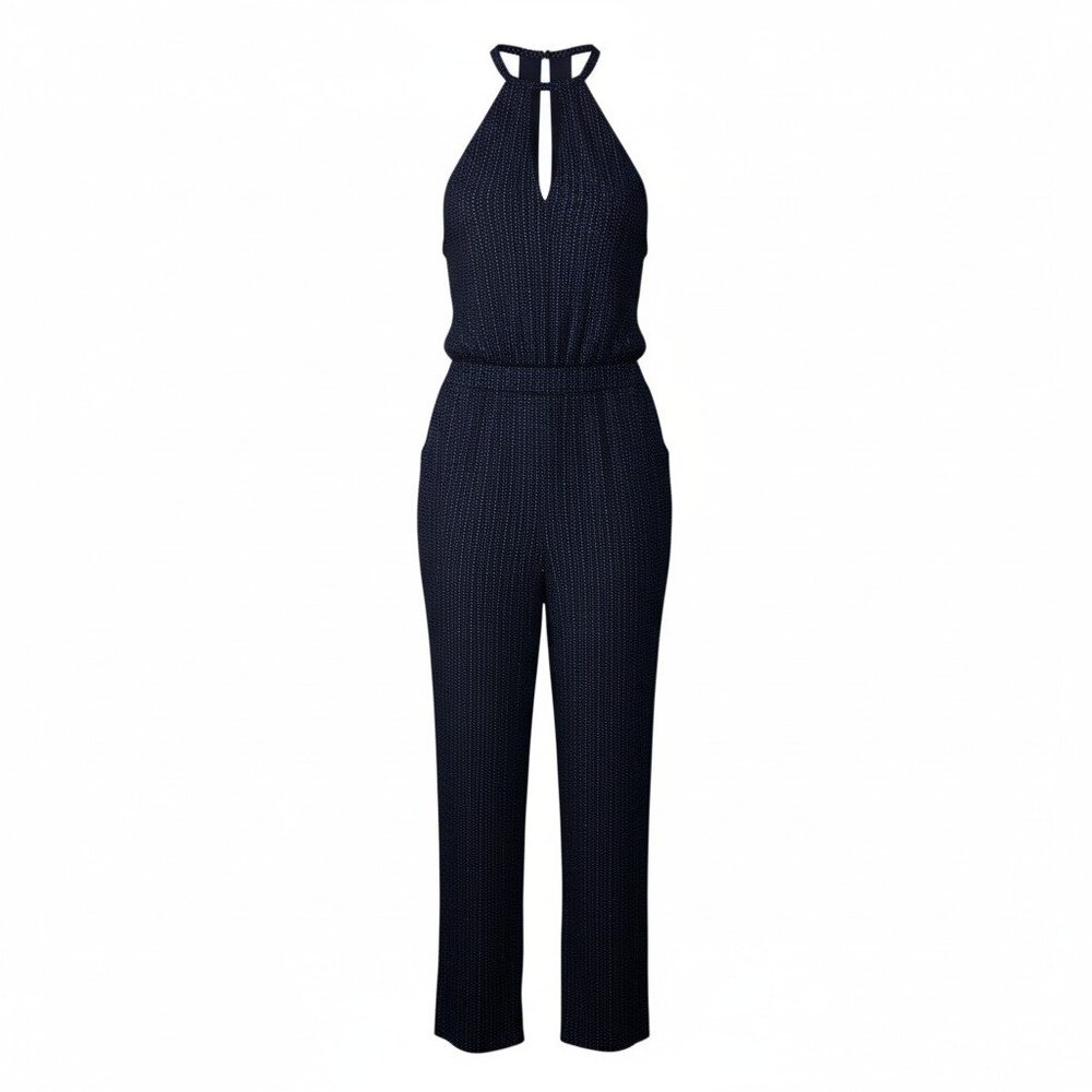 Marciano Blue Pinstriped Halter-neck Jumpsuit Deep V-neck Pockets Size Small